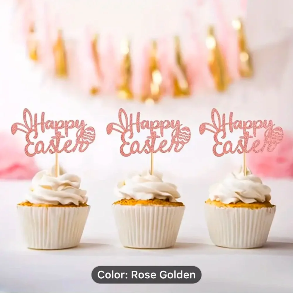 Rose Golden Happy Easter Cupcake Toppers